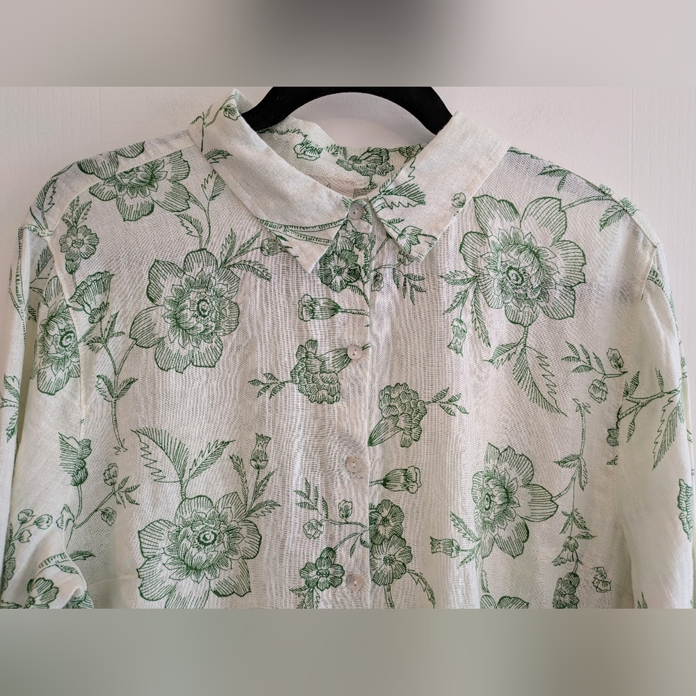 Joie Linen Green Floral White Women's Button Down Shirt Size L NWT Resort Beach - Picture 2 of 16
